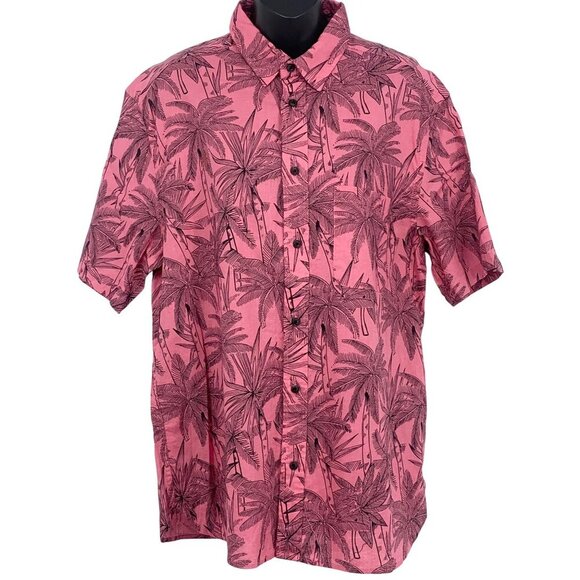 H&M L.O.G.G. Mens Pink Palm Large L Button-Up Shirt Linen Collar Tropical EUC - Picture 1 of 7